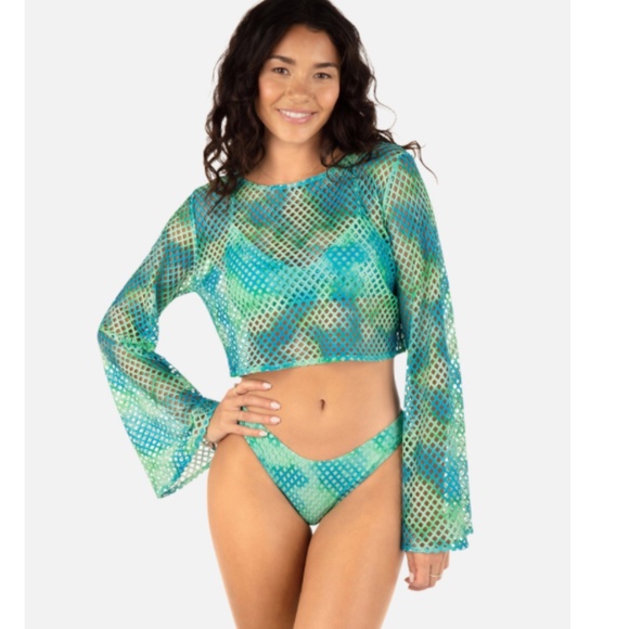 NWT women's Color Wash Mesh Long Sleeve Crop Top in Sky NWT - Picture 2 of 2